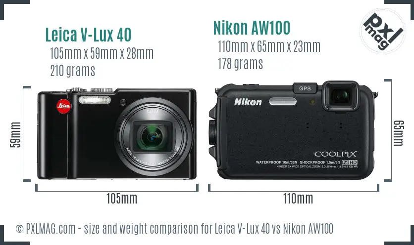 Leica V-Lux 40 vs Nikon AW100 size comparison