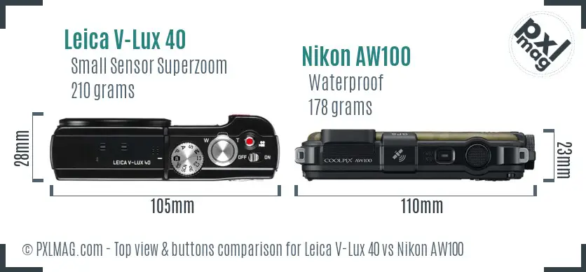 Leica V-Lux 40 vs Nikon AW100 top view buttons comparison