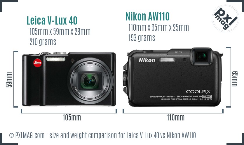 Leica V-Lux 40 vs Nikon AW110 size comparison