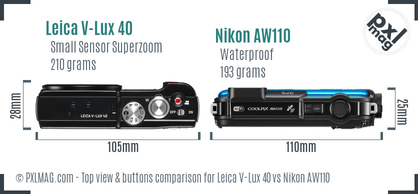 Leica V-Lux 40 vs Nikon AW110 top view buttons comparison