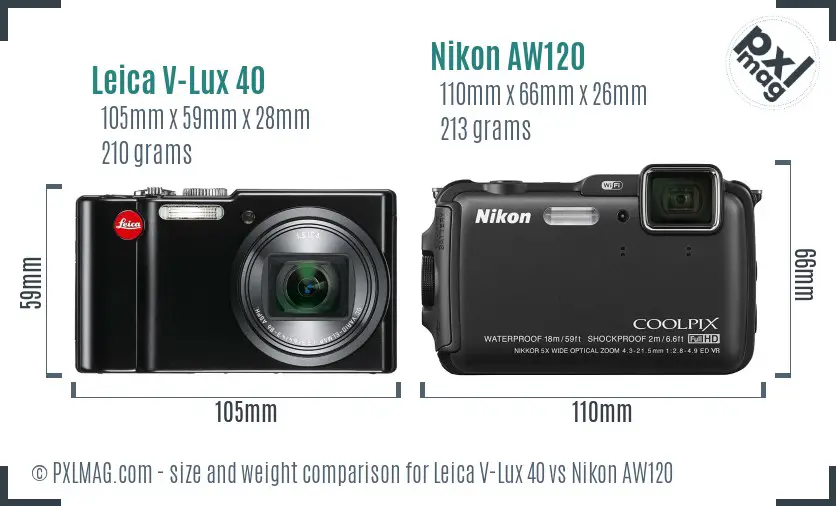 Leica V-Lux 40 vs Nikon AW120 size comparison
