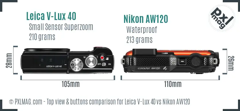 Leica V-Lux 40 vs Nikon AW120 top view buttons comparison