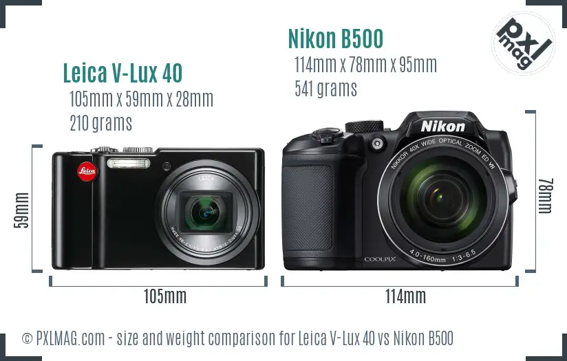 Leica V-Lux 40 vs Nikon B500 size comparison