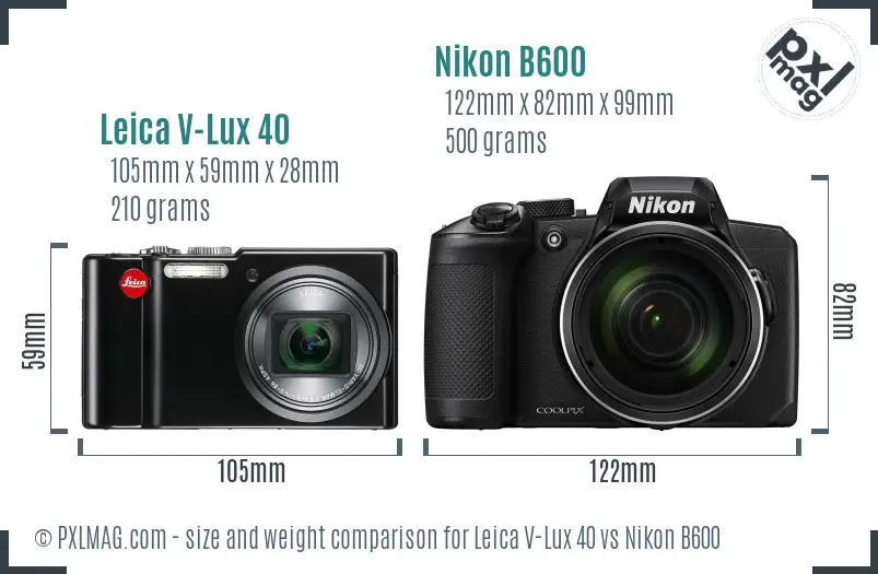 Leica V-Lux 40 vs Nikon B600 size comparison