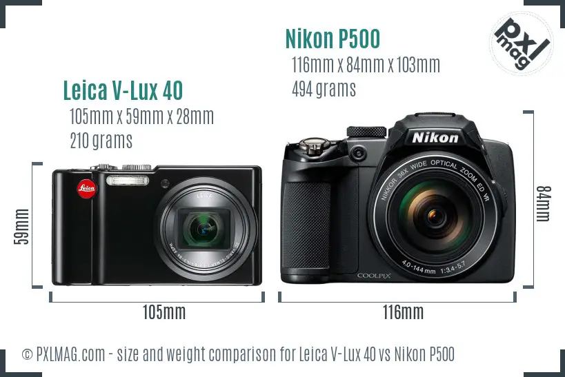 Leica V-Lux 40 vs Nikon P500 size comparison