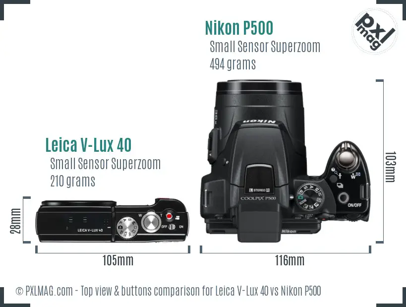 Leica V-Lux 40 vs Nikon P500 top view buttons comparison