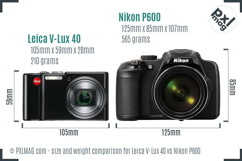 Leica V-Lux 40 vs Nikon P600 size comparison