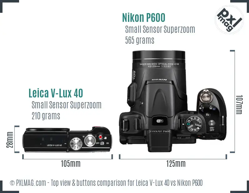 Leica V-Lux 40 vs Nikon P600 top view buttons comparison