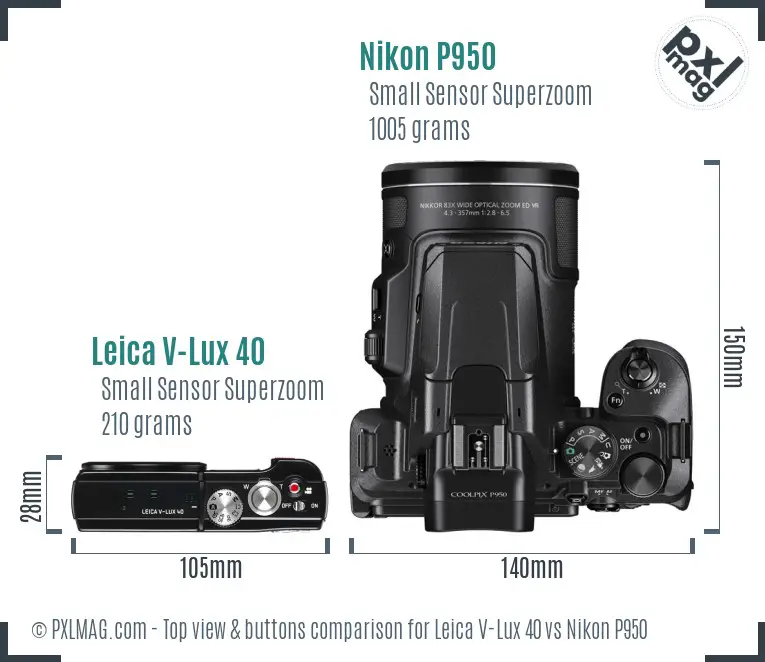 Leica V-Lux 40 vs Nikon P950 top view buttons comparison