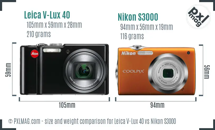 Leica V-Lux 40 vs Nikon S3000 size comparison
