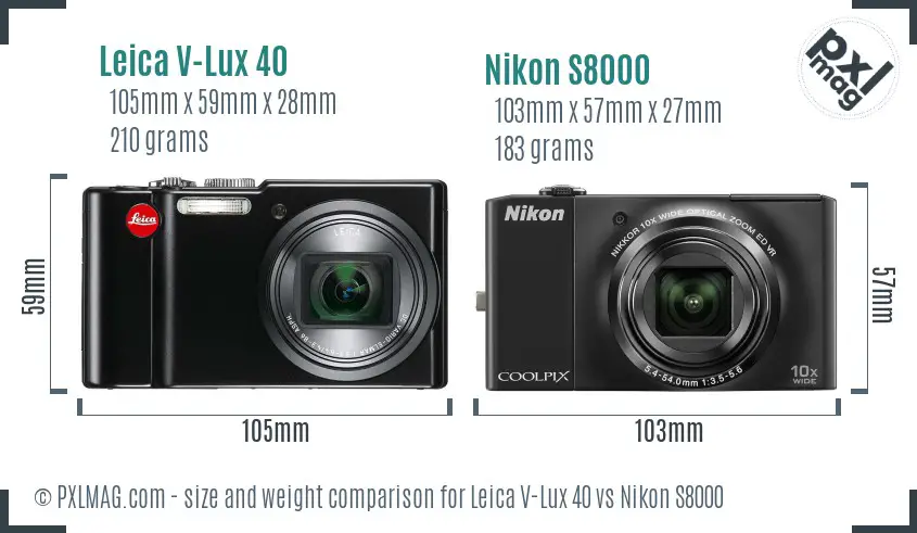 Leica V-Lux 40 vs Nikon S8000 size comparison