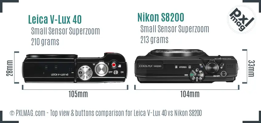 Leica V-Lux 40 vs Nikon S8200 top view buttons comparison Leica V-Lux 40 vs Nikon S8200 top view buttons comparison