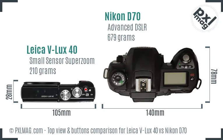 Leica V-Lux 40 vs Nikon D70 top view buttons comparison