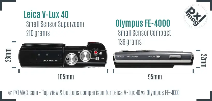 Leica V-Lux 40 vs Olympus FE-4000 top view buttons comparison Leica V-Lux 40 vs Olympus FE-4000 top view buttons comparison
