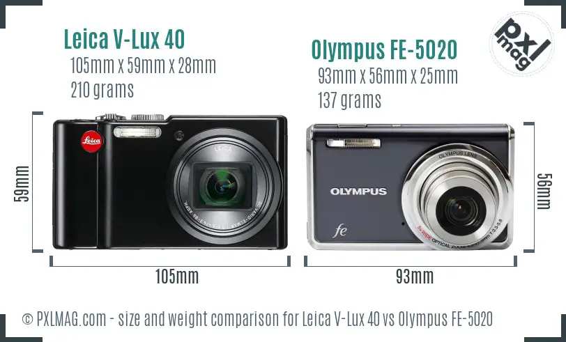 Leica V-Lux 40 vs Olympus FE-5020 size comparison
