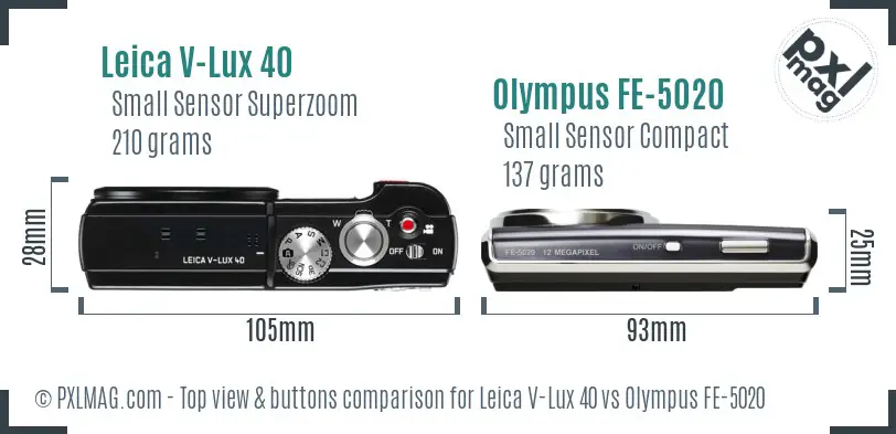 Leica V-Lux 40 vs Olympus FE-5020 top view buttons comparison