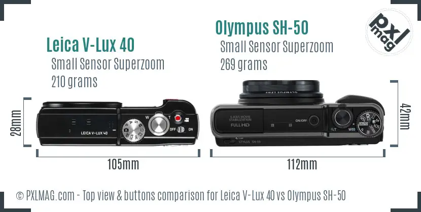 Leica V-Lux 40 vs Olympus SH-50 top view buttons comparison Leica V-Lux 40 vs Olympus SH-50 top view buttons comparison