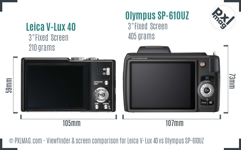Leica V-Lux 40 vs Olympus SP-610UZ Screen and Viewfinder comparison
