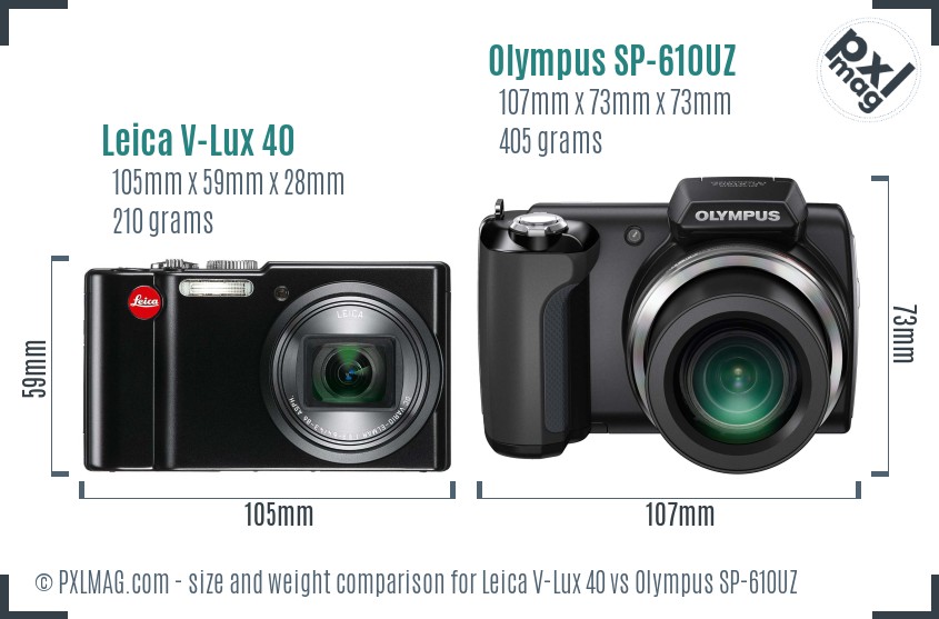 Leica V-Lux 40 vs Olympus SP-610UZ size comparison Leica V-Lux 40 vs Olympus SP-610UZ size comparison