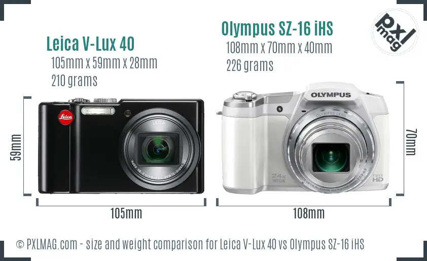 Leica V-Lux 40 vs Olympus SZ-16 iHS size comparison Leica V-Lux 40 vs Olympus SZ-16 iHS size comparison