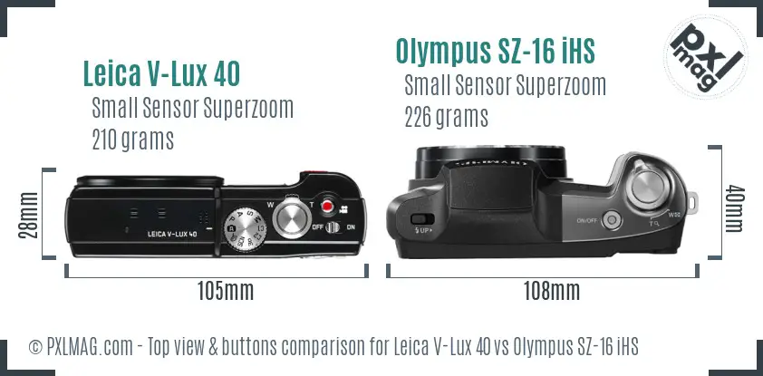 Leica V-Lux 40 vs Olympus SZ-16 iHS top view buttons comparison Leica V-Lux 40 vs Olympus SZ-16 iHS top view buttons comparison