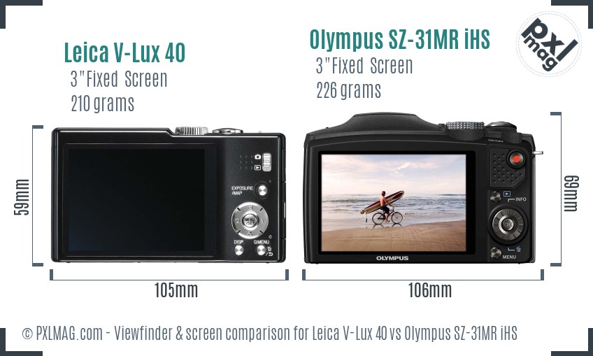 Leica V-Lux 40 vs Olympus SZ-31MR iHS Screen and Viewfinder comparison