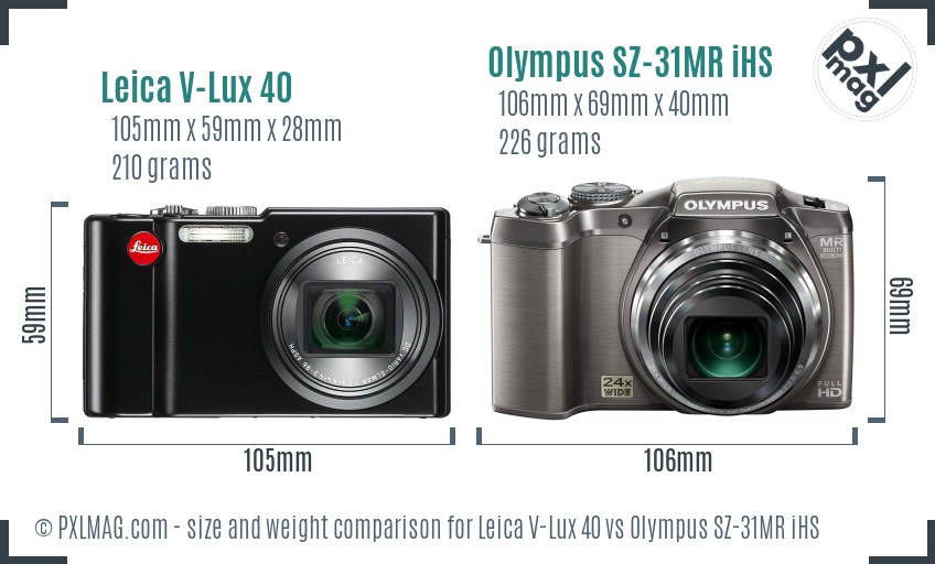 Leica V-Lux 40 vs Olympus SZ-31MR iHS size comparison