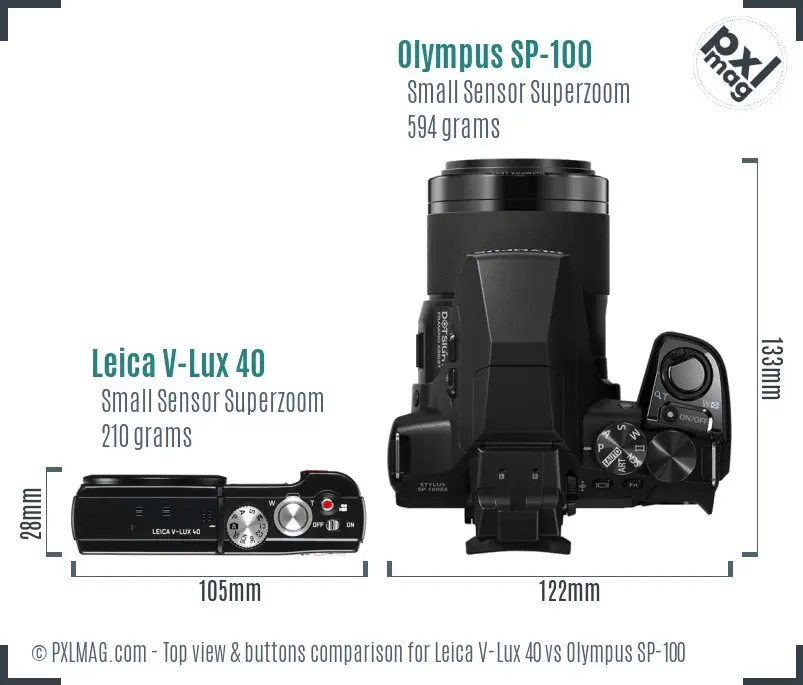 Leica V-Lux 40 vs Olympus SP-100 top view buttons comparison Leica V-Lux 40 vs Olympus SP-100 top view buttons comparison
