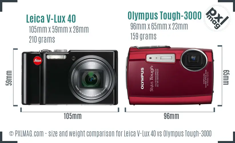 Leica V-Lux 40 vs Olympus Tough-3000 size comparison
