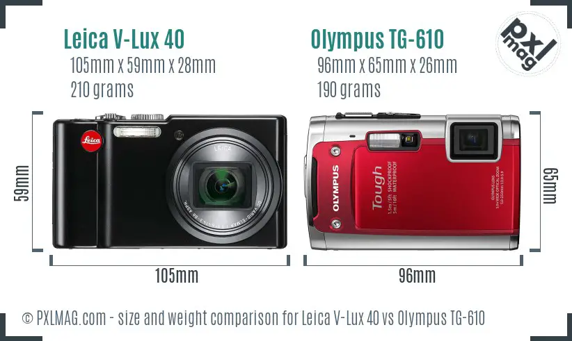 Leica V-Lux 40 vs Olympus TG-610 size comparison