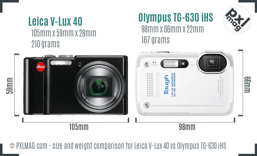 Leica V-Lux 40 vs Olympus TG-630 iHS size comparison Leica V-Lux 40 vs Olympus TG-630 iHS size comparison