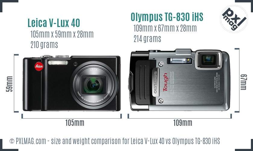 Leica V-Lux 40 vs Olympus TG-830 iHS size comparison