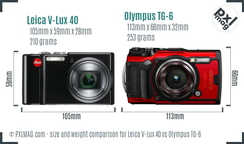 Leica V-Lux 40 vs Olympus TG-6 size comparison