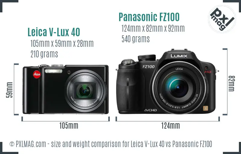 Leica V-Lux 40 vs Panasonic FZ100 size comparison Leica V-Lux 40 vs Panasonic FZ100 size comparison