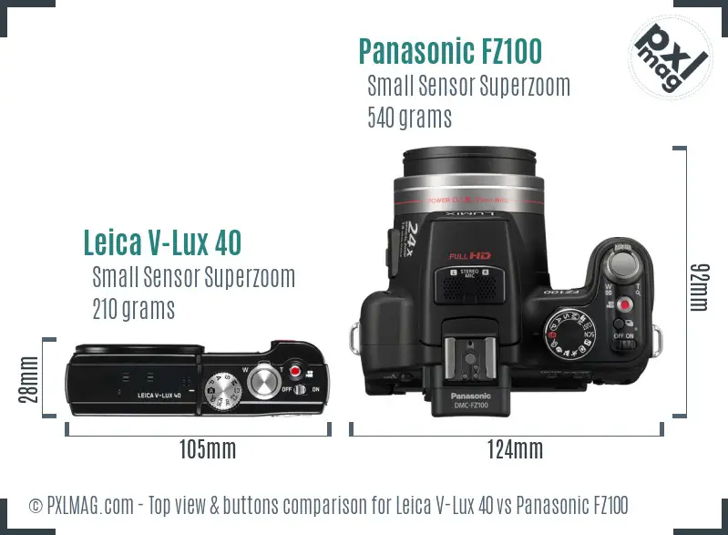 Leica V-Lux 40 vs Panasonic FZ100 top view buttons comparison Leica V-Lux 40 vs Panasonic FZ100 top view buttons comparison
