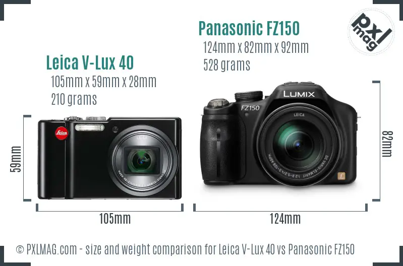 Leica V-Lux 40 vs Panasonic FZ150 size comparison