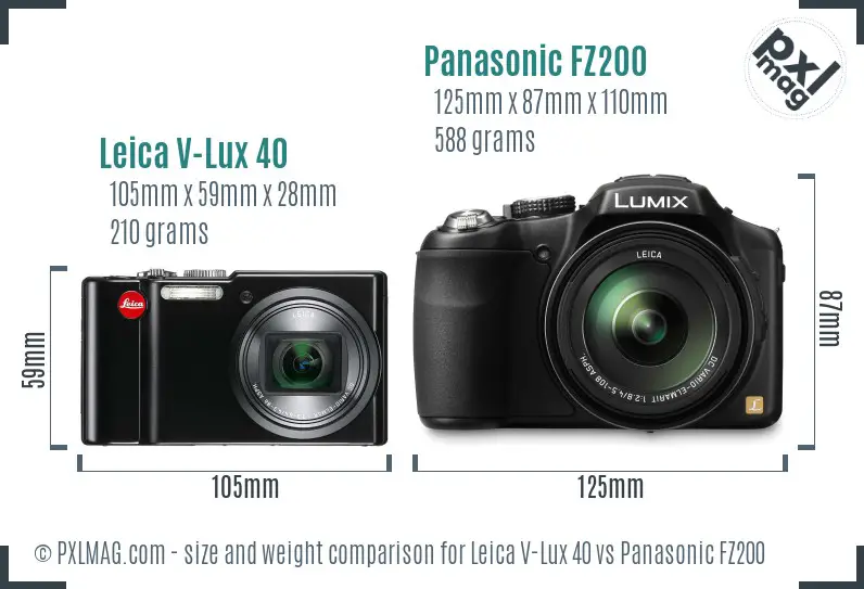 Leica V-Lux 40 vs Panasonic FZ200 size comparison