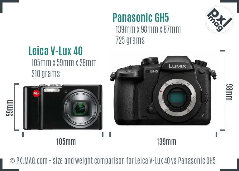 Leica V-Lux 40 vs Panasonic GH5 size comparison
