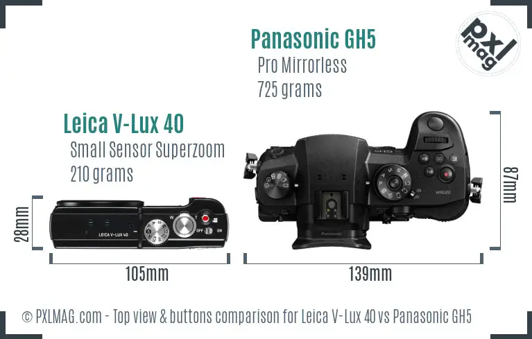 Leica V-Lux 40 vs Panasonic GH5 top view buttons comparison