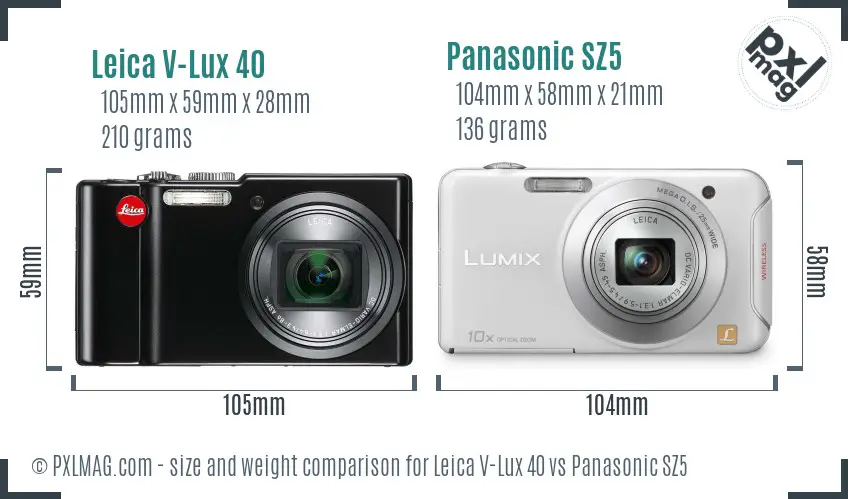 Leica V-Lux 40 vs Panasonic SZ5 size comparison