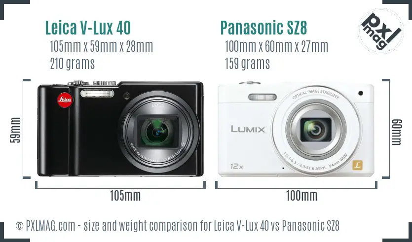 Leica V-Lux 40 vs Panasonic SZ8 size comparison