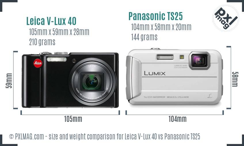 Leica V-Lux 40 vs Panasonic TS25 size comparison