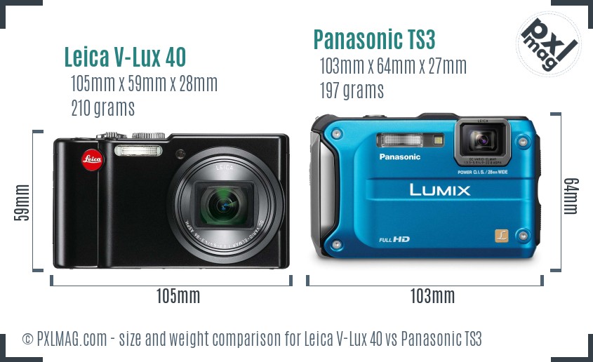 Leica V-Lux 40 vs Panasonic TS3 size comparison