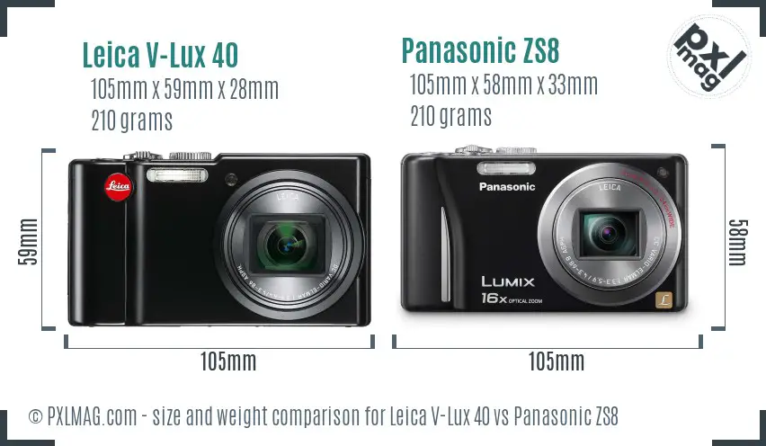 Leica V-Lux 40 vs Panasonic ZS8 size comparison