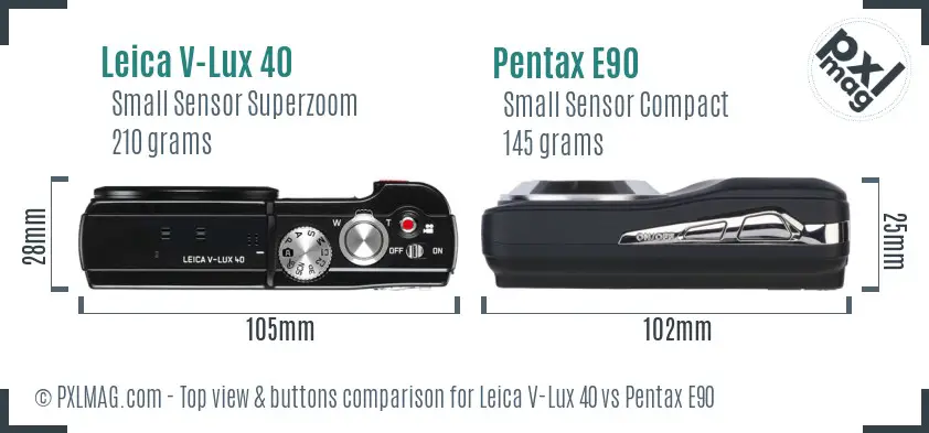 Leica V-Lux 40 vs Pentax E90 top view buttons comparison Leica V-Lux 40 vs Pentax E90 top view buttons comparison