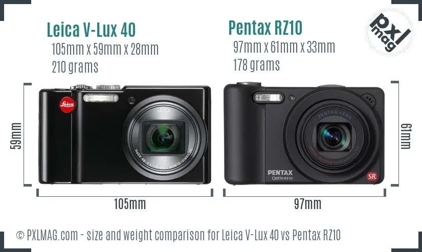 Leica V-Lux 40 vs Pentax RZ10 size comparison