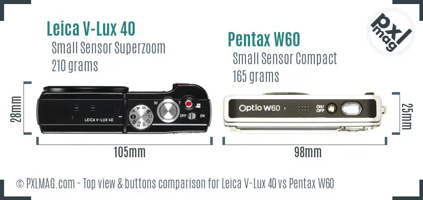 Leica V-Lux 40 vs Pentax W60 top view buttons comparison Leica V-Lux 40 vs Pentax W60 top view buttons comparison