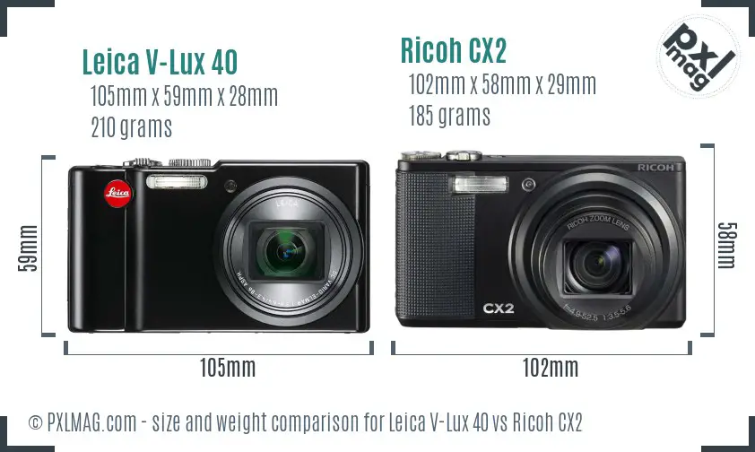 Leica V-Lux 40 vs Ricoh CX2 size comparison