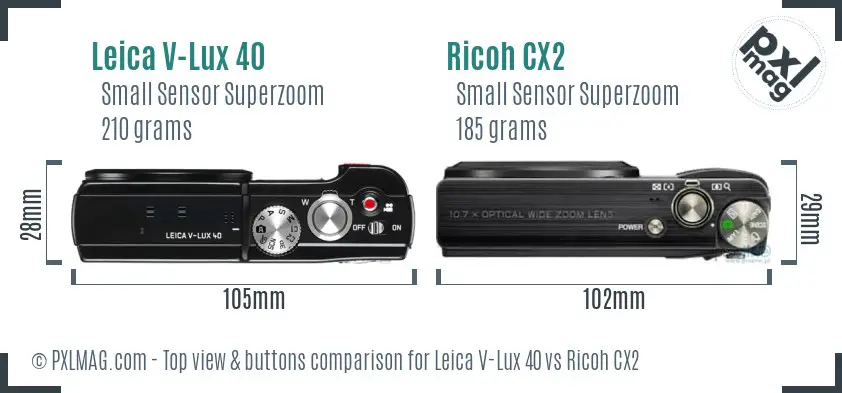 Leica V-Lux 40 vs Ricoh CX2 top view buttons comparison