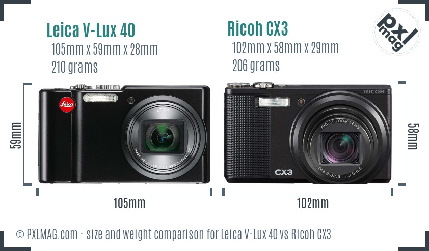 Leica V-Lux 40 vs Ricoh CX3 size comparison